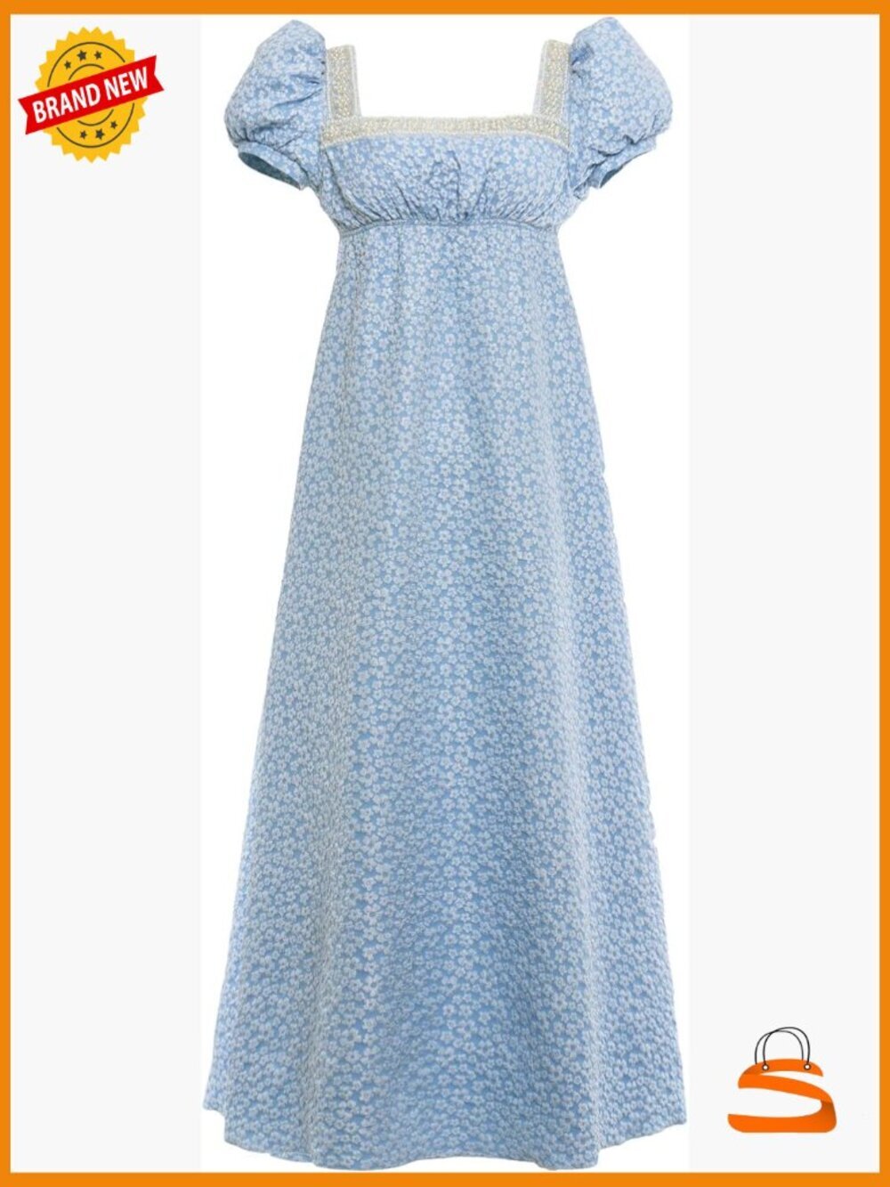 Regency Dress Empire Waist Long Victorian Costume Gown with Short Bubble Sleeves